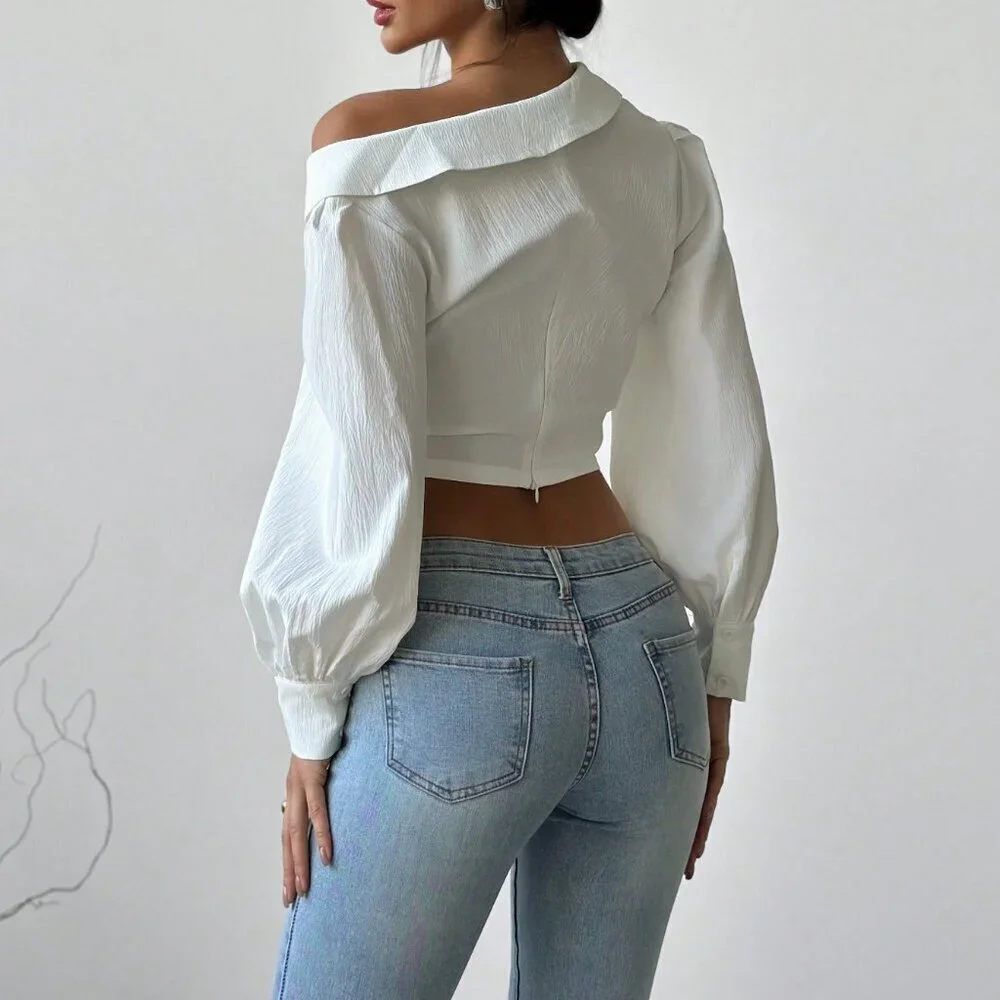 White Elegant Women's Asymmetrical Hem Long Sleeve Blazer - Picture 2 of 7